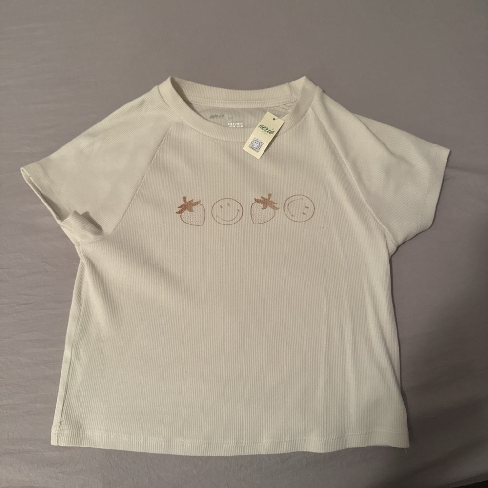 Aerie Cream Tee with Strawberry and Smile Design